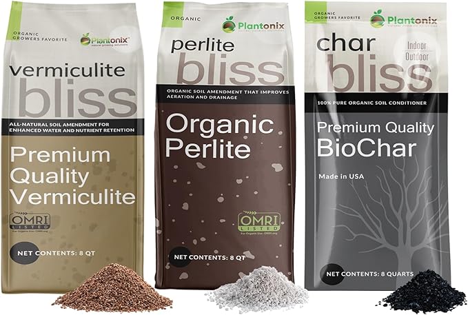 Perlite Bliss (8 Qts) + Vermiculite Bliss (8 Qts) + Char Bliss (8 Qts) - Organic Perlite for Plants - Fine Vermiculite for Gardening - Biochar Horticultural Charcoal for Plants - Bulk Soil Amendments
