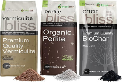 Perlite Bliss (8 Qts) + Vermiculite Bliss (8 Qts) + Char Bliss (8 Qts) - Organic Perlite for Plants - Fine Vermiculite for Gardening - Biochar Horticultural Charcoal for Plants - Bulk Soil Amendments