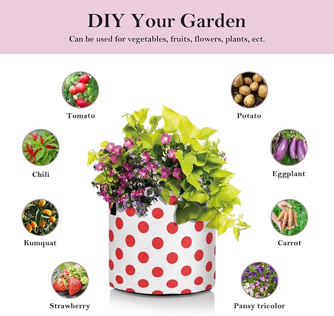 J JOYSAY Polka Dot Red White Plant Grow Bags 10 Gallon Fabric Pots Heavy Duty Thickened Fabric Plant Pots with Handles for Potato Tomato Chili Carrot