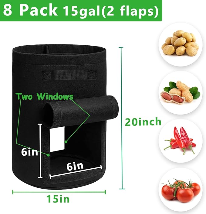 TCBWFY 8 Pack Potato Grow Bags with 2 Flaps 15 Gallon,Heavy Duty 14oz/yd² Planter Pot with Sturdy Handles and 2 Harvest Windows for Potato Tomato and Vegetables