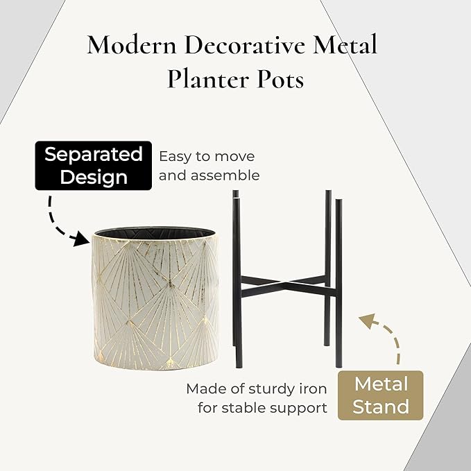 LuxenHome Planters for Indoor Plants, Set of 3 Floor Plants Pots with Stands, Modern Decorative Metal Flower Pots, Green Gray Cachepot Planters,10.5", 12", 14" Inch