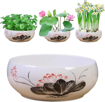 Lotus Bowl Planter, Ceramic Water Lily Bowl, Hydroponic Bonsai Lotus Bowls for Water Plants Indoor, Succulent Pots, Leak-Proof Design (7.68in*3.15in)
