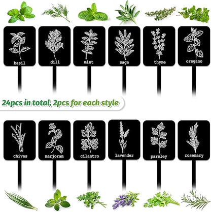 Whaline 24Pcs Acrylic Plant Label Signs 12 Styles Garden Herb Markers Plant Stake Tags Black Waterproof Tags with Herb Names for Nursery Indoor Outdoor Garden Decoration