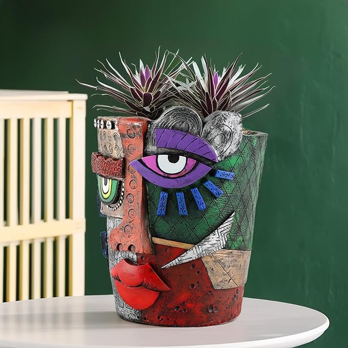 Picasso-Inspired Abstract Face Flower Pot | Unique Head Planter with Drainage Hole | Vibrant Colors & Quirky Art Decor (Abstract Human face)