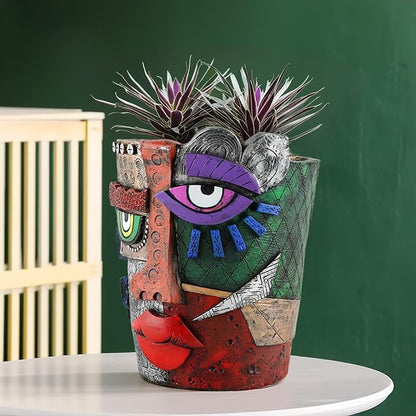 Picasso-Inspired Abstract Face Flower Pot | Unique Head Planter with Drainage Hole | Vibrant Colors & Quirky Art Decor (Abstract Human face)