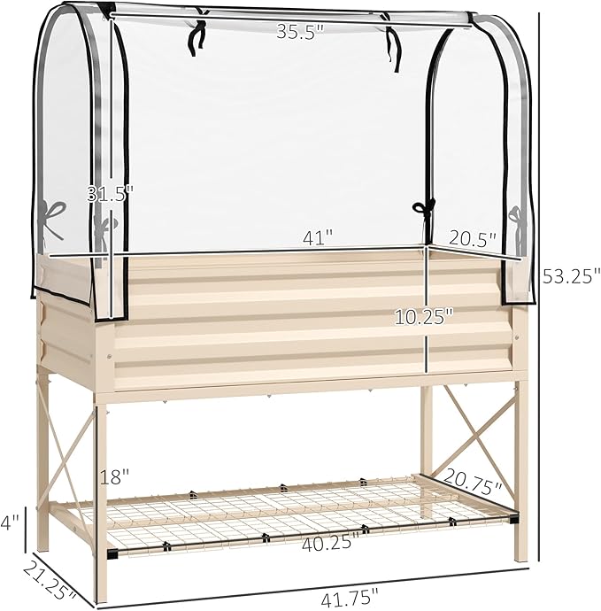 Outsunny Raised Garden Bed with Cover and Storage Shelf, Rectangular Metal Elevated Planter Box with Legs and Bed Liner for Vegetables, Flowers, Herbs, Cream