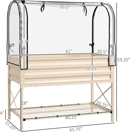 Outsunny Raised Garden Bed with Cover and Storage Shelf, Rectangular Metal Elevated Planter Box with Legs and Bed Liner for Vegetables, Flowers, Herbs, Cream