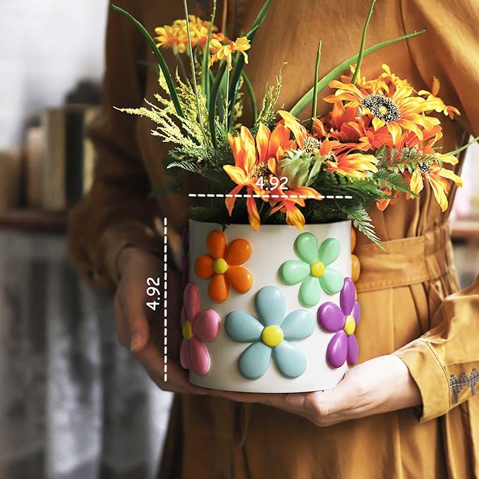 GUGUGO Colorful Flowers Planters Cute Unique Rainbow Planter with Drainage,Vintage Retro Eclectic Flower Plant pots for Indoor Plants and Succulent,Boho Modern Home Décor