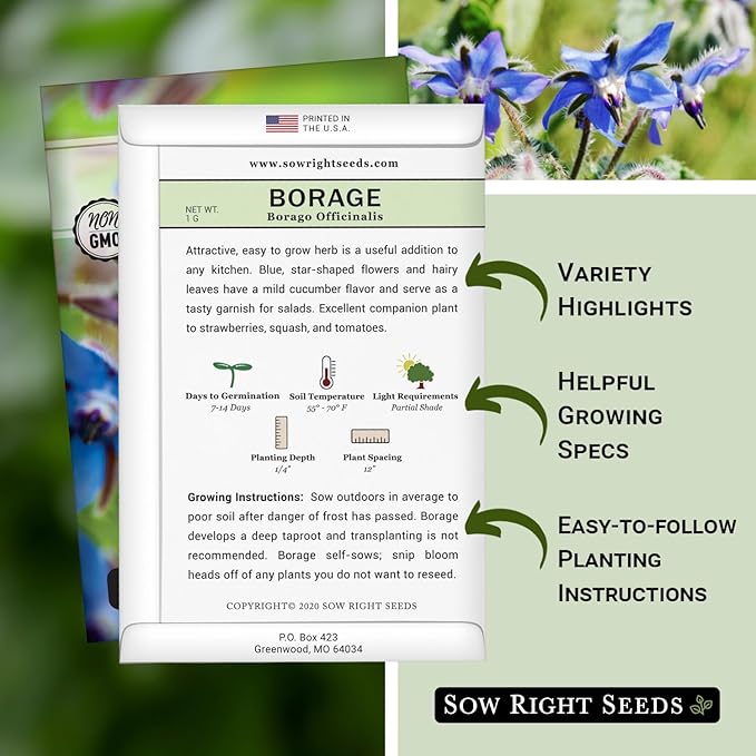 Sow Right Seeds - Borage Seed to Plant - Non-GMO Heirloom Seeds - Full Instructions for Easy Planting and Growing a Kitchen Herb Garden - Indoors or Outdoor - Great Gardening Gift (4)