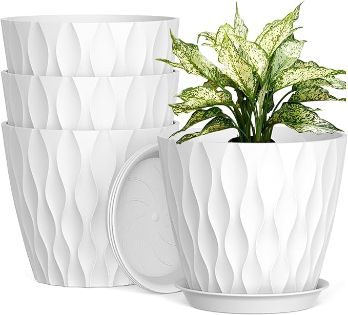 8 Inch Plant Pots, 4 Pack Plastic Planters for Indoor Outdoor with Drainage Holes & Saucers, Waffle Texture Flower Pots for Indoor Plants, Indoor Plant Pots for Monstera, Fiddle Leaf Fig, White