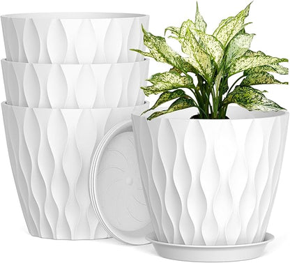 8 Inch Plant Pots, 4 Pack Plastic Planters for Indoor Outdoor with Drainage Holes & Saucers, Waffle Texture Flower Pots for Indoor Plants, Indoor Plant Pots for Monstera, Fiddle Leaf Fig, White