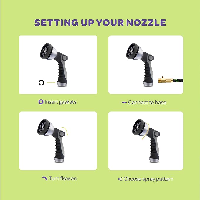 Hose Nozzle [Silver] Heavy Duty Hose Sprayer With 10 Adjustable Watering Patterns. Thumb Control Design, Comfortable Ergonomic Grip, Garden Hose Nozzle for Watering Plants & Lawns/Fun showers/Cleaning