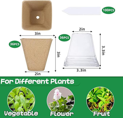 Aulock 36 Sets Plant Nursery Pots with Humidity Dome - 3in Seed Starting Pots, Square Peat Pots with 100 Labels for Garden Flowers Herbs Vegetables Seedlings