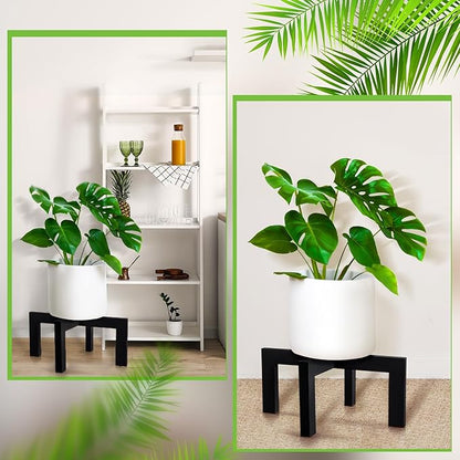 Wenqik 1 Pack 16 Inch Wood Plant Stand Wooden Plant Pot Holder Mid Century Rattan Flower Boho Rustic Stool Holder for Indoor Gardening Patio, Fit 8-18 Inch Pot (Black)