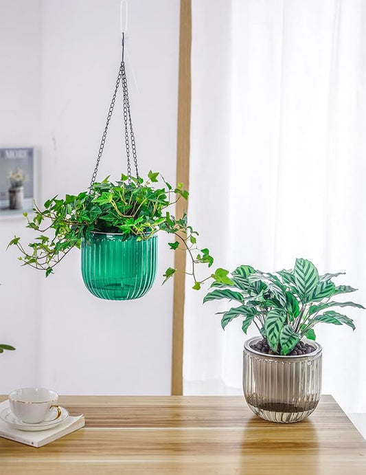 Melphoe 2 Pack Self Watering Hanging Planters Indoor Flower Pots, 6.5 Inch Outdoor Hanging Plant Basket, Hanger with 3Hooks Drainage Holes for Garden Home (Emerald + Gray)