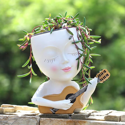 Face Planter Pot, Cute Girl Playing Guitar Head Planter for Indoor Plants, Unique Resin Succulent Pots with Drainage, Creative Music Lover Gifts for Guitarist Women Mom (White)