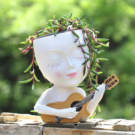 Face Planter Pot, Cute Girl Playing Guitar Head Planter for Indoor Plants, Unique Resin Succulent Pots with Drainage, Creative Music Lover Gifts for Guitarist Women Mom (White)