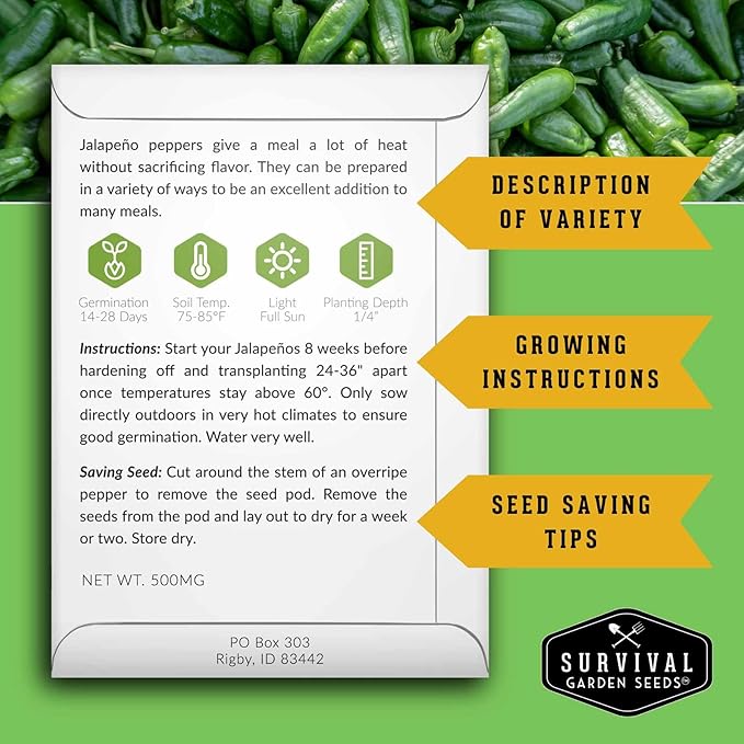 Jalapeño Pepper Seeds for Planting | Hot Heirloom Non-GMO Peppers for Pickling & Salsas – Survival Garden Seeds (2 Packs)