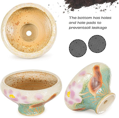 Sungmor 9.6 Inch Large Succulent Plant Pots, Pretty Hand Painted Ceramic Planter with Drainage, Indoor Outdoor Cactus Planter Bonsai Pot, Flower Pot for Indoor Plants Garden Windowsill Desktop Decor