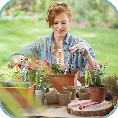 Tigeen 236 Pcs Garden Stake DIY Fairy Wand Plant Stake with 12 Colorful Crystal Stopper Top 12 Threaded Rod with 200 Large Hole Bead for Spring Summer Holiday Outdoor Decorations(Ceramic Rose Heart)