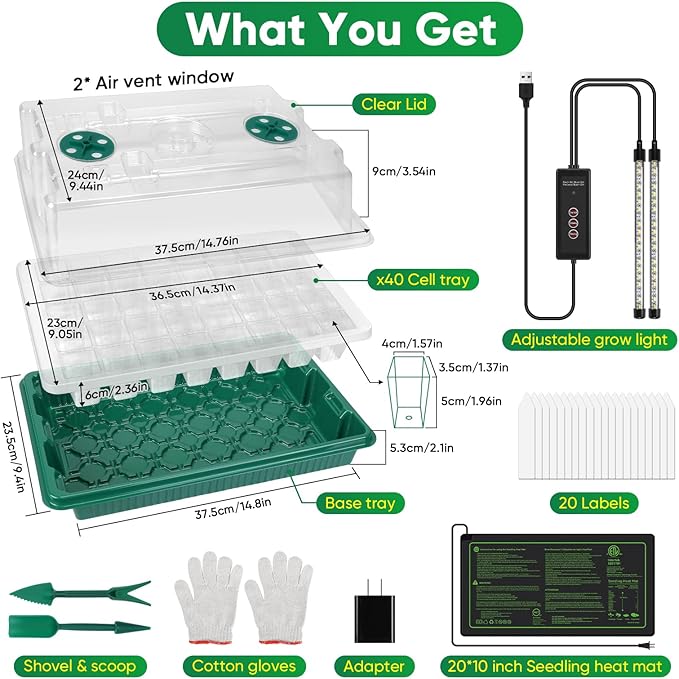 BlumWay 4-in-1 Seed Starter Tray with Grow Light &Heat Mat & Soil Meter Set,40-Cells Seedling Tray with Humidity Dome for Indoor Plant