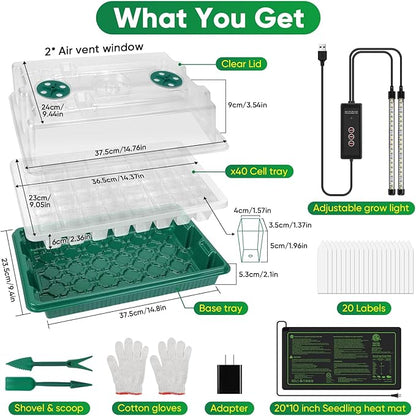 BlumWay 4-in-1 Seed Starter Tray with Grow Light &Heat Mat & Soil Meter Set,40-Cells Seedling Tray with Humidity Dome for Indoor Plant
