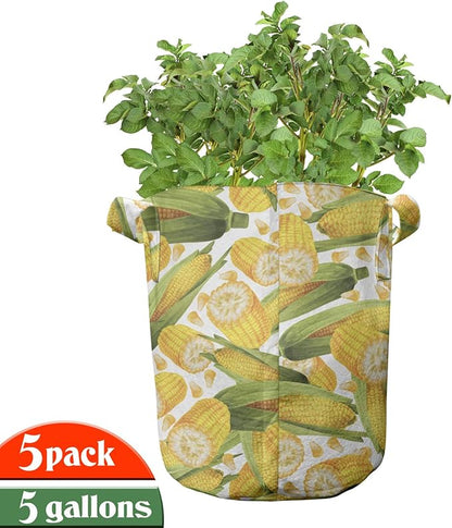 Ambesonne Corn Grow Bags 5-Pack, Vegetable Stalks Illustration, Heavyduty Fabric Pots with Handles for Plants, Yellow Green White