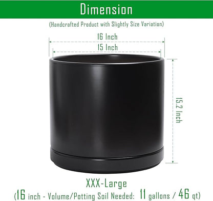 D'vine Dev 16 Inch Ceramic Planter Pot with Drainage Hole and Saucer, Indoor Cylinder Round Planter Pot, Black, 94-O-H-2