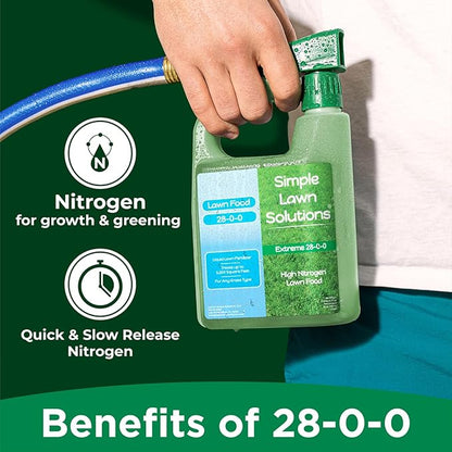 Maximum Green & Growth Fertilizer High Nitrogen 28-0-0 Liquid Lawn Food Spray Spring & Summer- Any Grass Type- Simple Lawn Solutions - Concentrated Quick & Slow Release Attached Sprayer (32 Ounce)