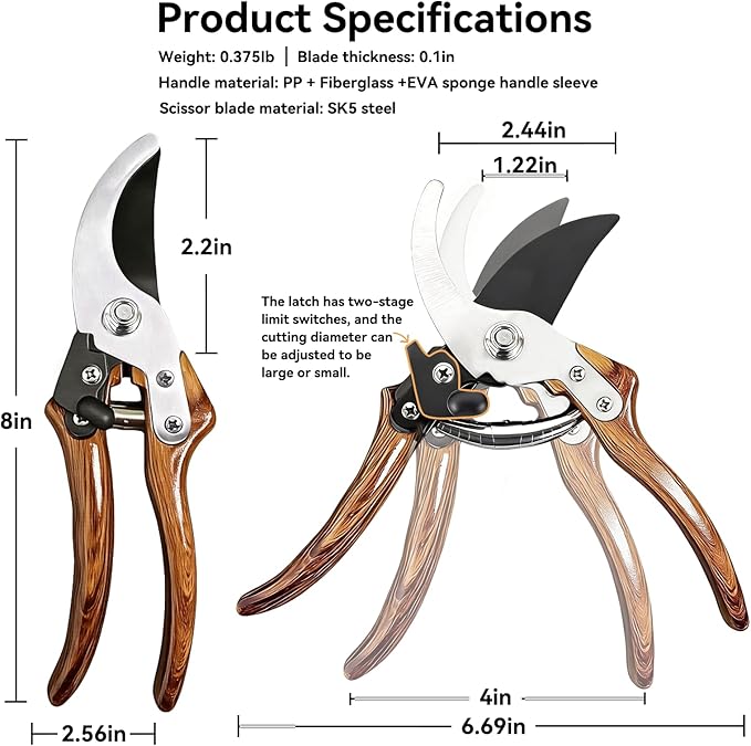 Bypass Pruning Shears with 5/8-Inch Cut Capacity, Sharp SK5 Blade Garden Pruners for Flowers, Shrubs & Branches