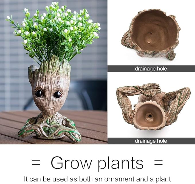 B-Best Baby Groot Pen Pot Tree Man Pens Holder or Flower Pot with Drainage Hole Perfect for a Tiny Succulents Plants 6" (Brown)