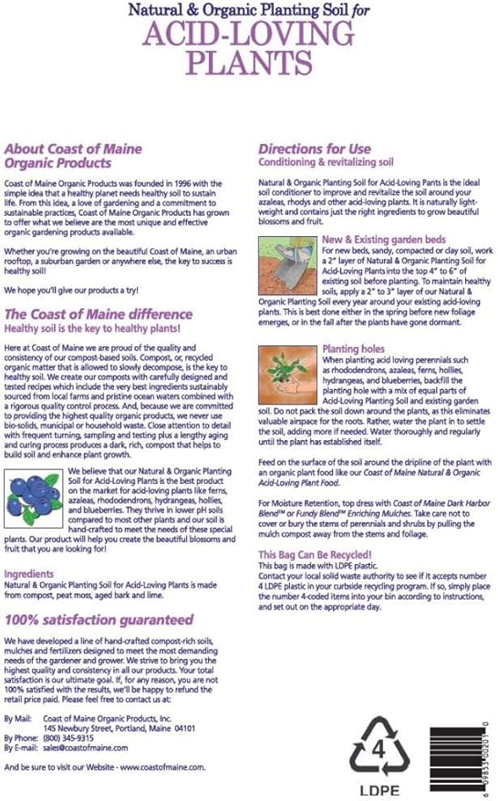 Coast of Maine Organic & Natural Planting Soil for Acid Loving Plants Azalea, Rhododendron & Berries - Premium Planting Soil w/Composted Manure, Sphagnum Peat Moss - Low pH, Enhanced Drainage (20 Qt)