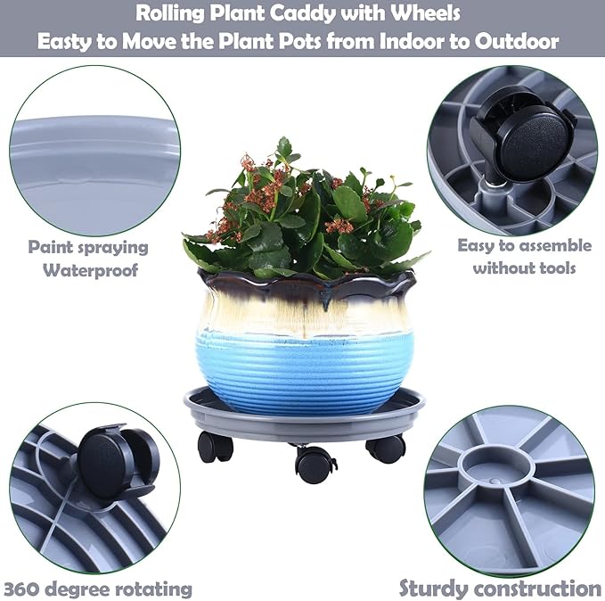 Planterhoma 6 Packs Plastic Plant Caddy with Casters 12” Plant Dolly Heavy Duty Rolling Plant Stand with Wheels for Indoor and Outdoor Large Heavy Plant Pot Rollers, Black and Grey