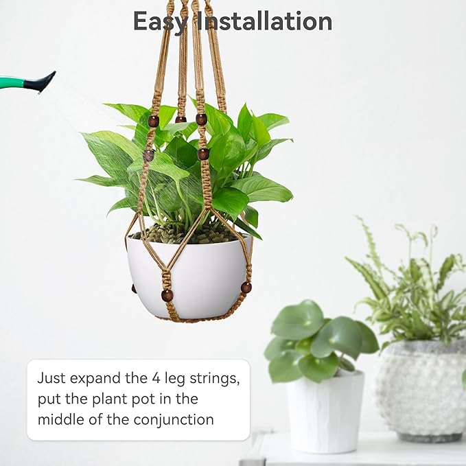 USLAI Macrame Plant Hanger Indoor Outdoor, Fits 4 to 15 Inch Pots, Strong Hanging Planter Holder, Boho Home Decor, 35 Inch, Brown, Set of 2 (POTS NOT Included)