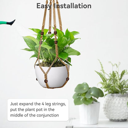 USLAI Macrame Plant Hanger Indoor Outdoor, Fits 4 to 15 Inch Pots, Strong Hanging Planter Holder, Boho Home Decor, 35 Inch, Brown, Set of 2 (POTS NOT Included)
