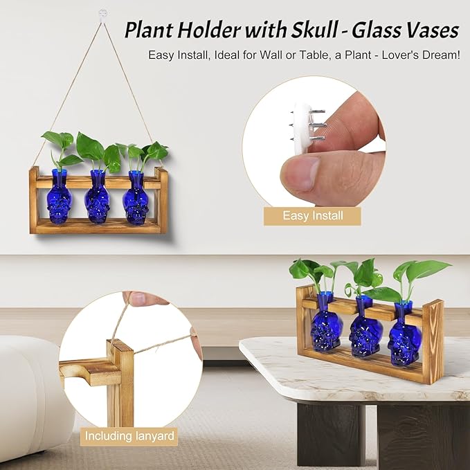 Plant Propagation Stations Hydroponics Halloween Decorations Skull Planter Vase Skulls Home Decor with Wooden Stand Gift(Blue)