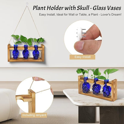Plant Propagation Stations Hydroponics Halloween Decorations Skull Planter Vase Skulls Home Decor with Wooden Stand Gift(Blue)