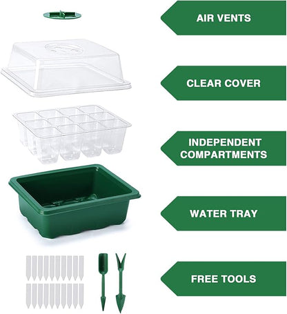 Delxo 10-Pack Seed Starter Kit Seedling Starter Tray (12 Cells) Humidity Adjustable Plant Germination Kit Garden Seed Starting Tray with Dome and Green Base Plus Plant Tags Hand Tool Kit