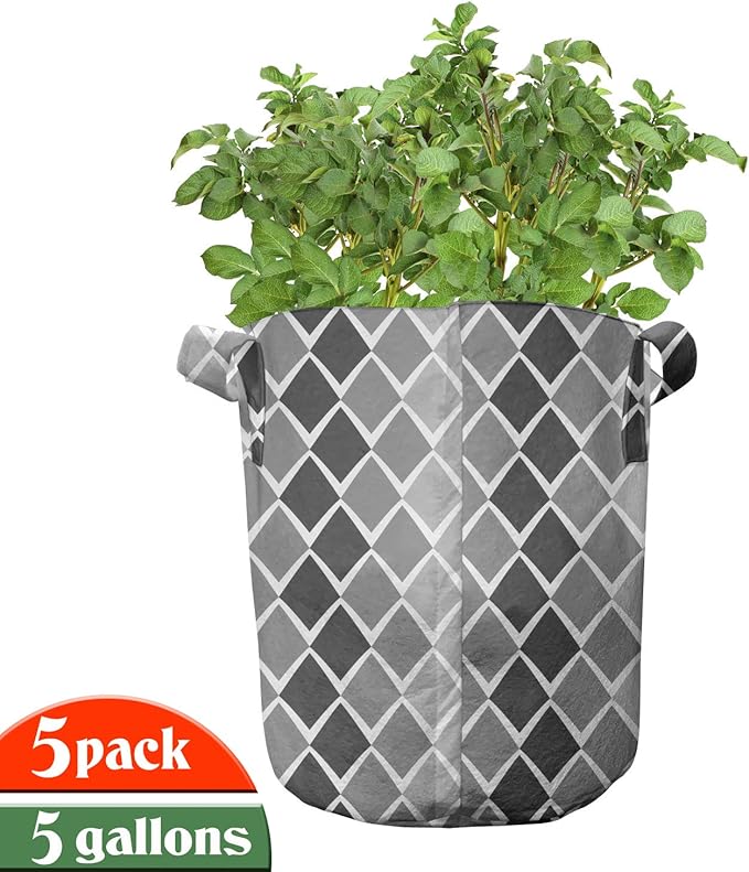 Ambesonne Pearls Grow Bags 5-Pack, Bow Ties with Hearts, Heavyduty Fabric Pots with Handles for Plants, Pink Black