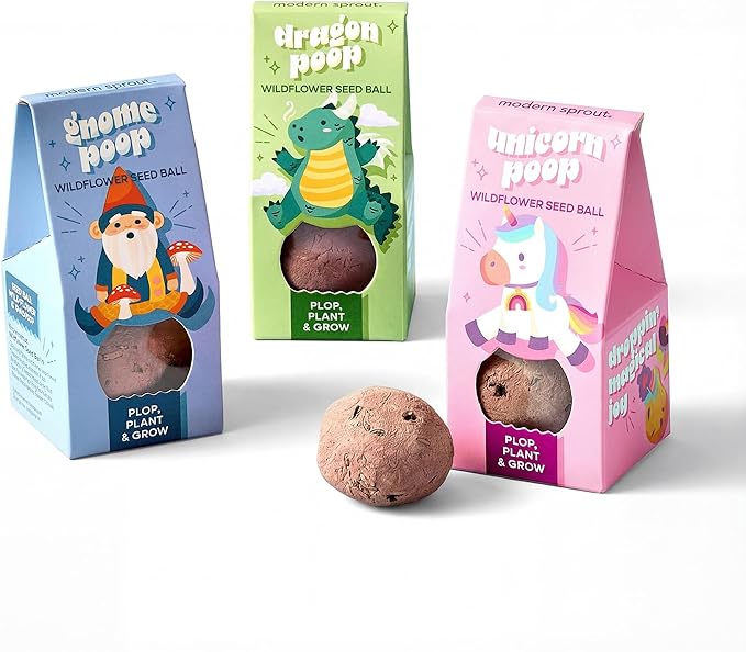 Modern Sprout Wildflower Seed Ball Poop - Non-GMO, Hand-Rolled Clay Seed Bombs with Wildflower Seeds - Plop Plant & Grow Gardening Gift Set for Kids & Adults - (Magical Plop - Pack of 3)