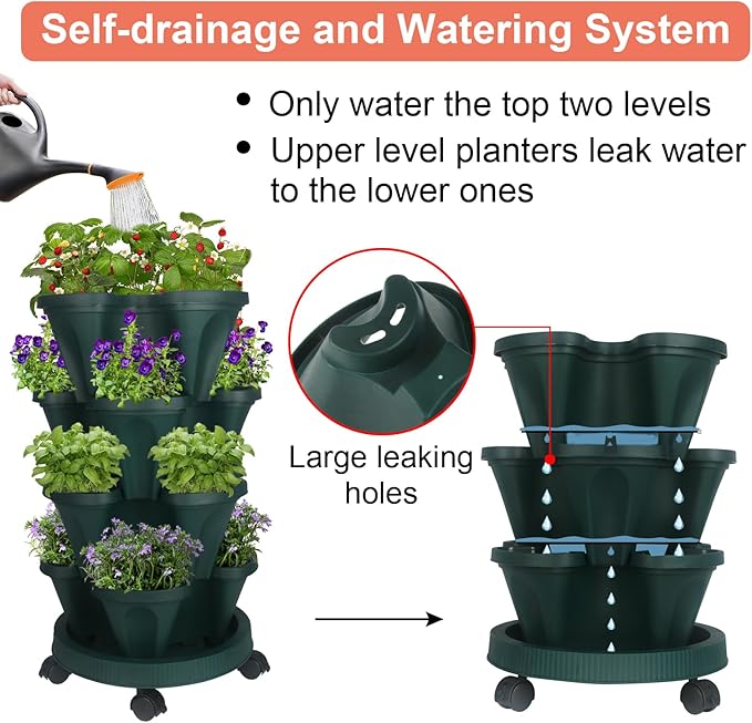 GameXcel Vertical Planter 4 Tier Stackable Planters Garden Planters Strawberry Herb Flower and Vegetable Planter Indoor Outdoor Gardening Pots with Removable Wheels and Tools
