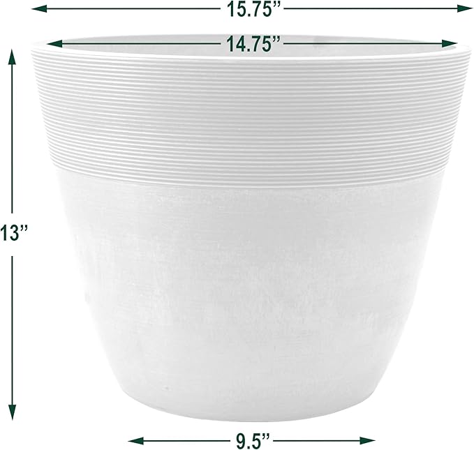 PSW Pot Collection 16-inch Plastic/Stone/Wood Composite Large Ribbed Planter – No Drainage Hole (Drillable), Indoor/Outer Garden Pot for Foliage, Trees, Flowers, Ferns, Cement Gray