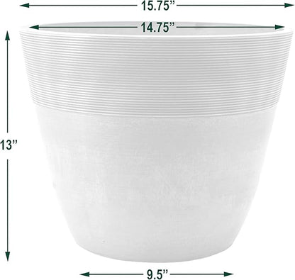 PSW Pot Collection FM40TP 16-inch Plastic/Stone/Wood Composite Large Ribbed Planter – No Drainage Hole (Drillable), Indoor/Outer Garden Pot for Foliage, Trees, Flowers, Ferns, Taupe