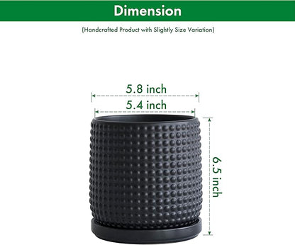 D'vine Dev 6 Inch Ceramic Beaded Stoneware Planter Pot - Flower Pot with Drainage Holes and Saucers for Indoor Succulent Plants or Flowers, Ebony Matte, 27-C-X-6