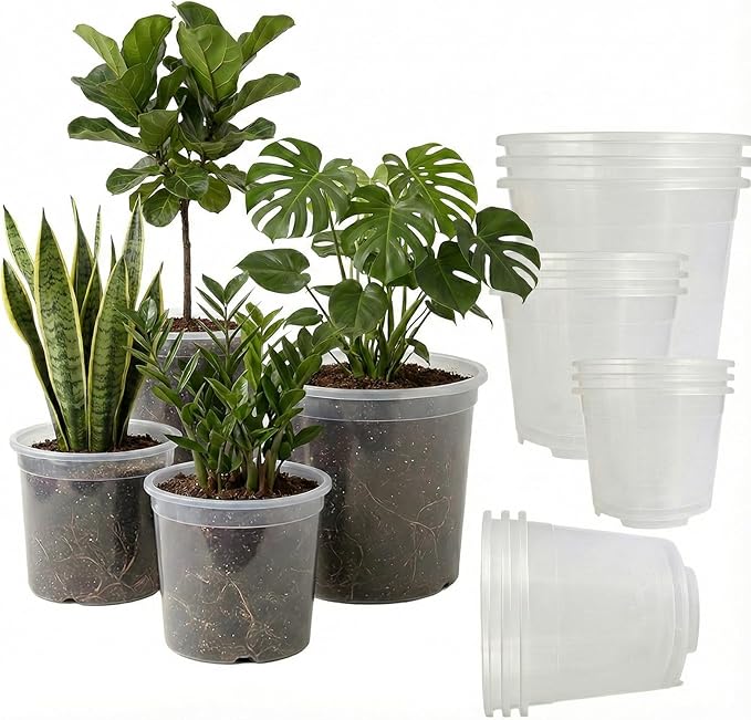 6/7.5/8/10 Inch Large Clear Nursery Pots with Drainage, 12 Pack Thick Reusable Multi-Size Plastic Planters, Deep Nursery Pots for Healthy Roots, Ideal Containers for Indoor Outdoor Plants