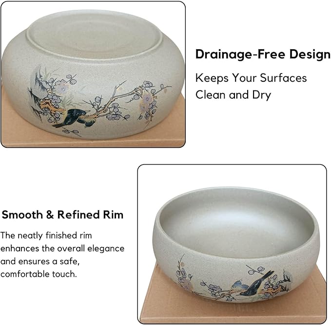 Lotus Bowl Planter, Ceramic Water Lily Bowl, Hydroponic Bonsai Lotus Bowls for Water Plants Indoor, Succulent Pots, Leak-Proof Design, Chirping Birds and Blooming Flowers (7.56in*2.76in)