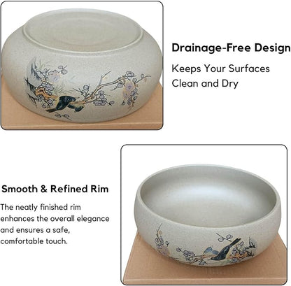 Lotus Bowl Planter, Ceramic Water Lily Bowl, Hydroponic Bonsai Lotus Bowls for Water Plants Indoor, Succulent Pots, Leak-Proof Design, Chirping Birds and Blooming Flowers (7.56in*2.76in)