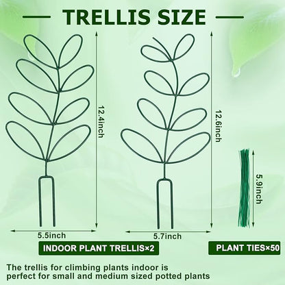 AUGSUN 2 Packs Plant Trellis Garden Trellis Plant Stakes Trellis for Climbing Plants Indoor Plants Metal Leaf Shape Plant Support for Houseplants with 50 Ties Plant Lover Gift (Green)