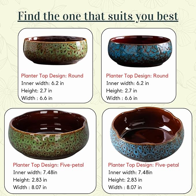 Ceramic Lotus Bowl Planter, Lotus Pots for Water Plants Indoor, Large Caliber Flow Glaze Non-Porous Hydroponic Container, Succulent Pots, Leak-Proof Design (Blue Peacock Pattern) 6.6in*2.7in