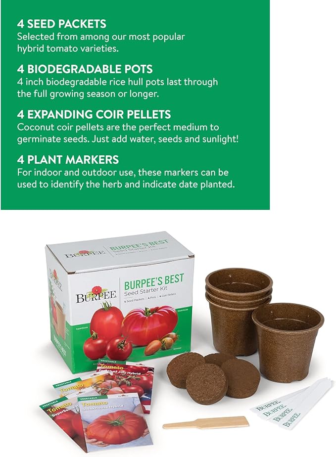 Burpee Best Starter Kit, SuperSauce, Fourth of July, Shimmer & Steakhouse, 4 Tomato Seed Packets, 4 Pots, 4 Coir Pellets & 4 Plant Markers